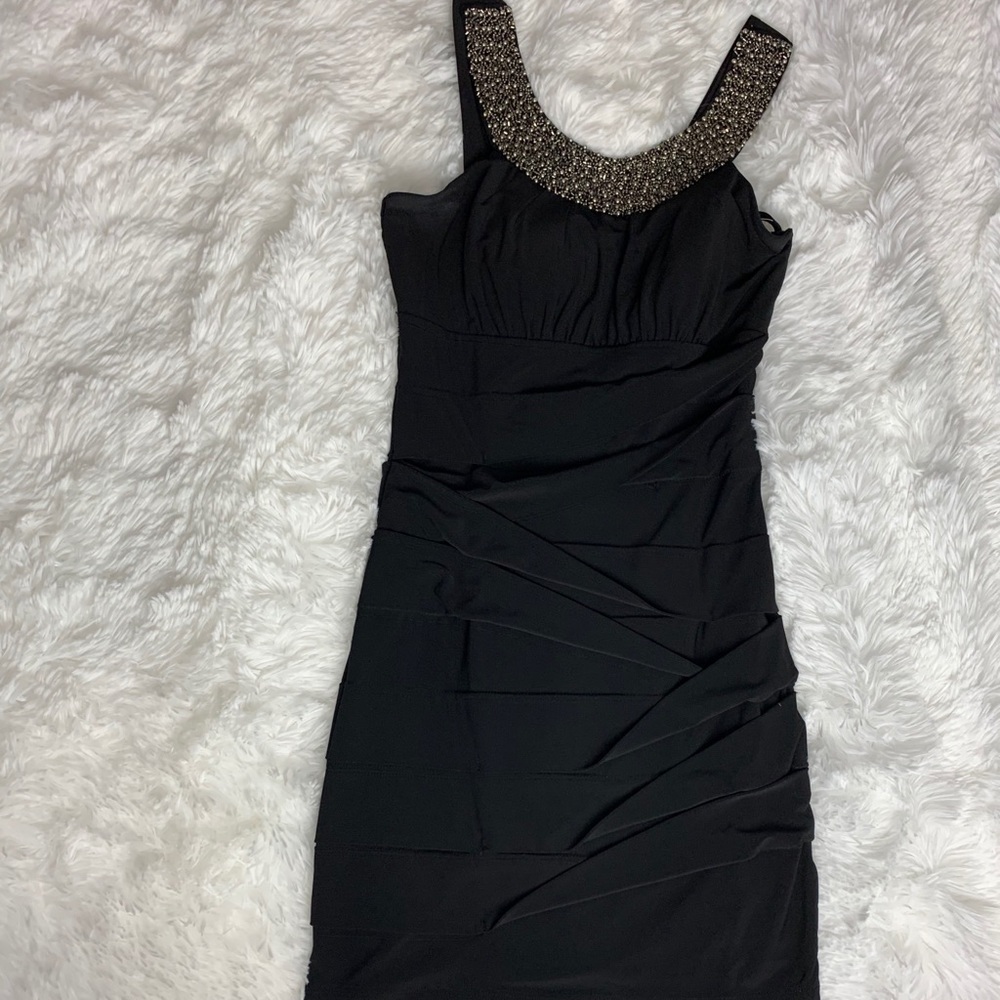 LBD! Black Fitted Dress w/ Beaded Neckline Sz Sm - Picture 4 of 5